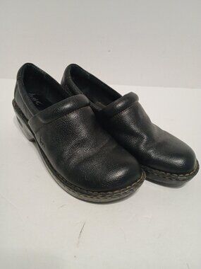 b.o.c Black Leather Slip On Comfort Clogs Mule Shoes Chunky Heel Round Toe